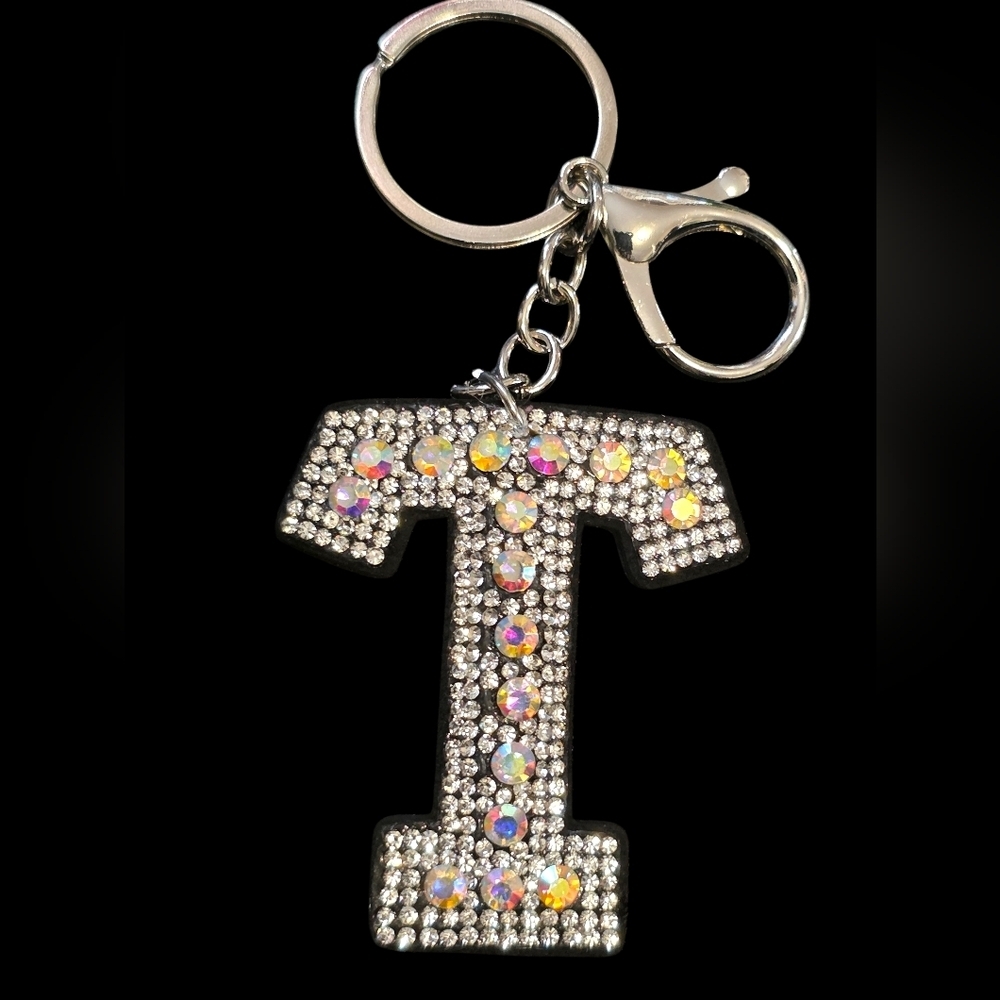 Sparkling "T" Initial Bag Charm Keychain